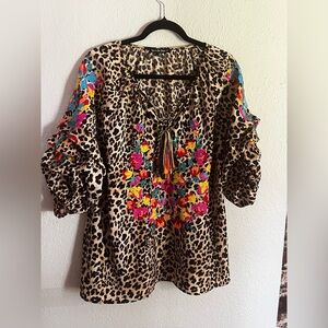 Vibrant Floral Embroidered Leopard Blouse by See and Be Seen. Size 1X